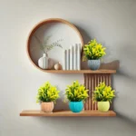Modern Wooden Wall Shelf with Decorative Indoor Plants