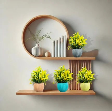 Modern Wooden Wall Shelf with Decorative Indoor Plants